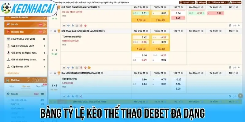 Debet - Nhà Cái Thể Thao Với Odds “Xanh Chín”, Thưởng Cao 3 Bảng tỷ lệ kèo thể thao Debet đa dạng