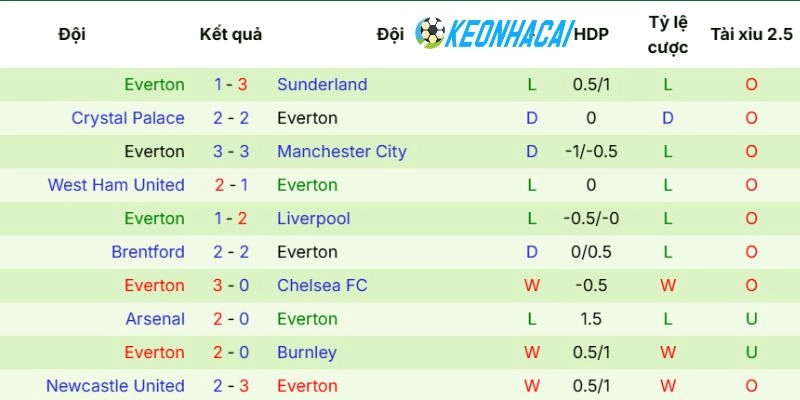 Chuỗi trận thi đấu của Everton gần đây