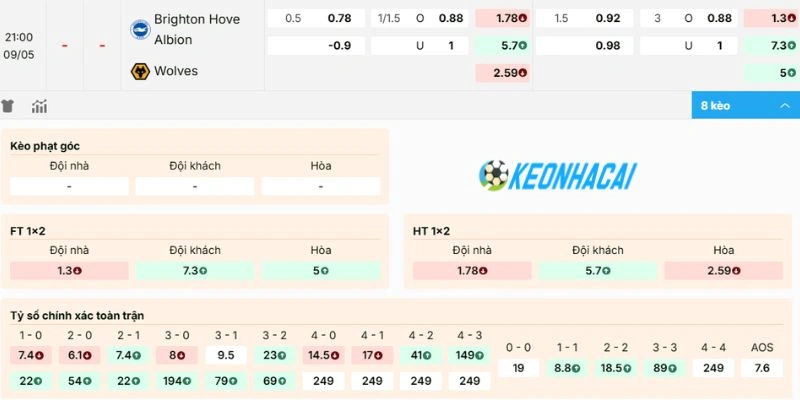 Dự đoán bảng kèo trận Brighton vs Wolves