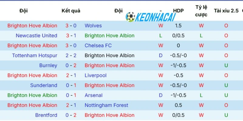 Phong độ thi đấu các trận mới nhất của Brighton