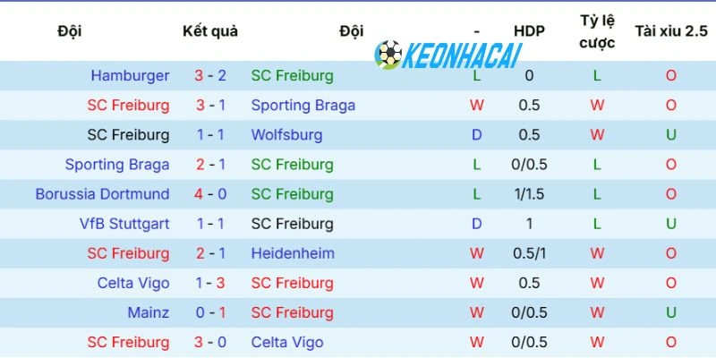 Phong độ thi đấu mới nhất của Freiburg